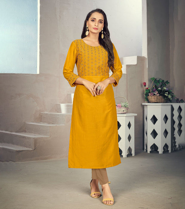 Laxmipati Maslin Fire Yellow Straight Cut Kurti Has Round Neck Variation , Embroidered Cufe &  Different Yoke Pattern