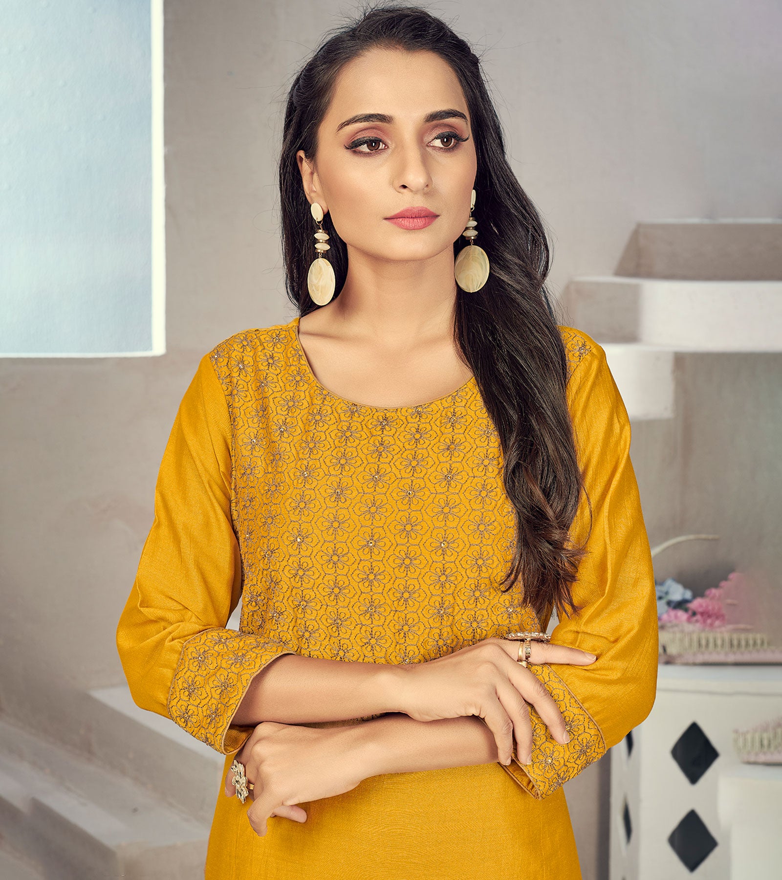 Laxmipati Maslin Fire Yellow Straight Cut Kurti Has Round Neck Variation , Embroidered Cufe &  Different Yoke Pattern