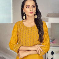 Laxmipati Maslin Fire Yellow Straight Cut Kurti Has Round Neck Variation , Embroidered Cufe &  Different Yoke Pattern
