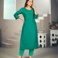 Laxmipati Maslin  Ocean Blue Straight Cut Kurti Has Round Neck Variation , Embroidered Cufe &  Different Yoke Pattern