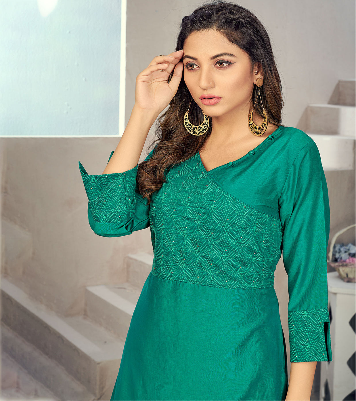 Laxmipati Maslin  Ocean Blue Straight Cut Kurti Has Round Neck Variation , Embroidered Cufe &  Different Yoke Pattern