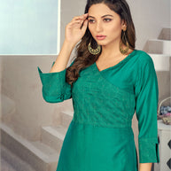 Laxmipati Maslin  Ocean Blue Straight Cut Kurti Has Round Neck Variation , Embroidered Cufe &  Different Yoke Pattern