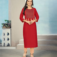 Laxmipati Maslin Punch Pink Straight Cut Kurti Has Round Neck Variation , Embroidered Cufe &  Different Yoke Pattern