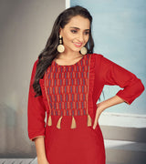 Laxmipati Maslin Punch Pink Straight Cut Kurti Has Round Neck Variation , Embroidered Cufe &  Different Yoke Pattern