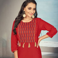 Laxmipati Maslin Punch Pink Straight Cut Kurti Has Round Neck Variation , Embroidered Cufe &  Different Yoke Pattern