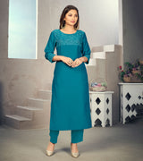 Laxmipati Maslin  Turquoise Straight Cut Kurti Has Round Neck Veriation , Embroidered Cufe &  Different Yoke Pattern