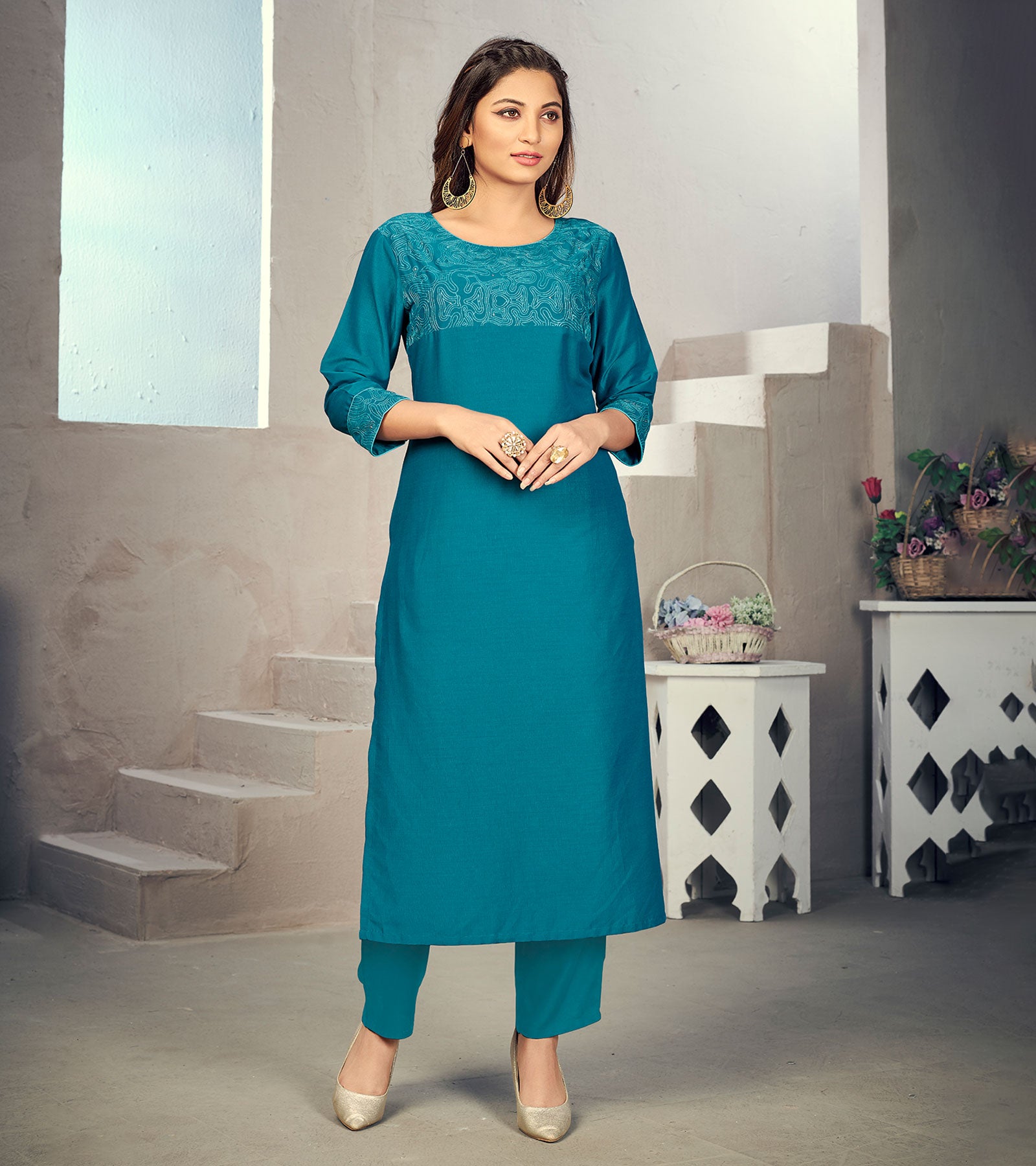 Laxmipati Maslin  Turquoise Straight Cut Kurti Has Round Neck Veriation , Embroidered Cufe &  Different Yoke Pattern