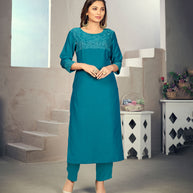 Laxmipati Maslin  Turquoise Straight Cut Kurti Has Round Neck Veriation , Embroidered Cufe &  Different Yoke Pattern