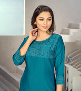 Laxmipati Maslin  Turquoise Straight Cut Kurti Has Round Neck Veriation , Embroidered Cufe &  Different Yoke Pattern