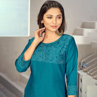 Laxmipati Maslin  Turquoise Straight Cut Kurti Has Round Neck Veriation , Embroidered Cufe &  Different Yoke Pattern