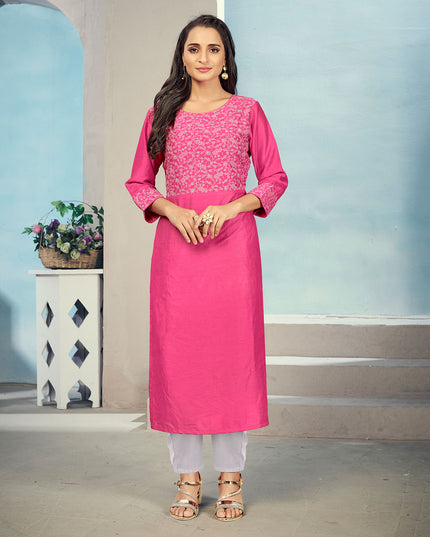 Laxmipati Maslin  Ruby Red Straight Cut Kurti Has Round Neck Variation , Embroidered Cufe &  Different Yoke Pattern
