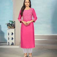 Laxmipati Maslin  Ruby Red Straight Cut Kurti Has Round Neck Variation , Embroidered Cufe &  Different Yoke Pattern