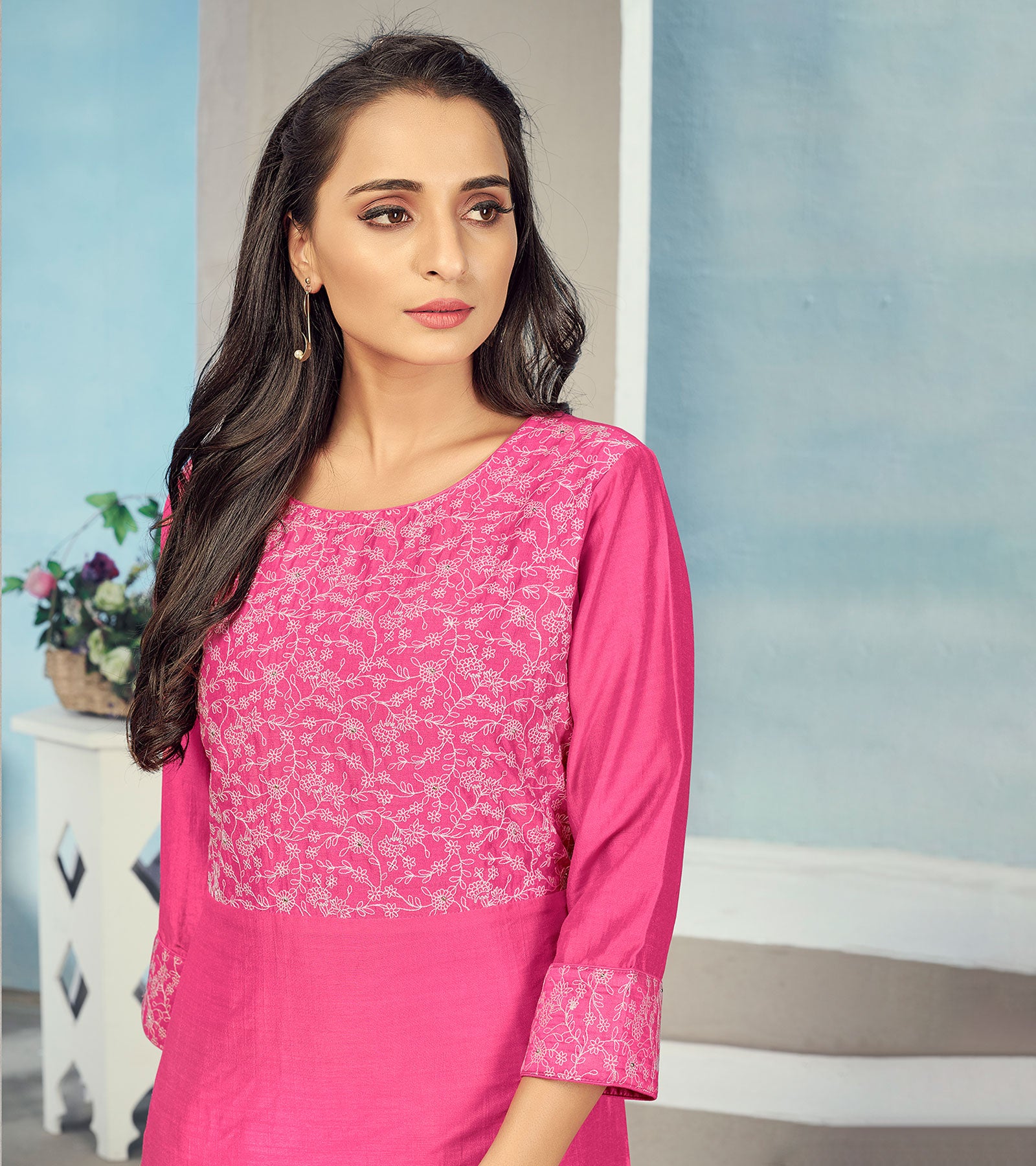 Laxmipati Maslin  Ruby Red Straight Cut Kurti Has Round Neck Variation , Embroidered Cufe &  Different Yoke Pattern