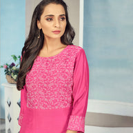 Laxmipati Maslin  Ruby Red Straight Cut Kurti Has Round Neck Variation , Embroidered Cufe &  Different Yoke Pattern