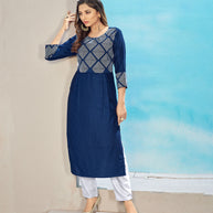 Laxmipati Maslin  Navy Blue Straight Cut Kurti Has Round Neck Variation , Embroidered Cufe &  Different Yoke Pattern