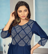 Laxmipati Maslin  Navy Blue Straight Cut Kurti Has Round Neck Variation , Embroidered Cufe &  Different Yoke Pattern