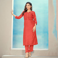 Laxmipati Maslin Harley Davidson Orange Straight Cut Kurti Has Round Neck Variation , Embroidered Cufe &  Different Yoke Pattern