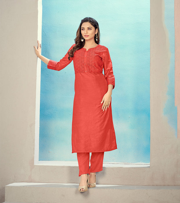 Laxmipati Maslin Harley Davidson Orange Straight Cut Kurti Has Round Neck Variation , Embroidered Cufe &  Different Yoke Pattern