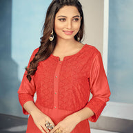 Laxmipati Maslin Harley Davidson Orange Straight Cut Kurti Has Round Neck Variation , Embroidered Cufe &  Different Yoke Pattern
