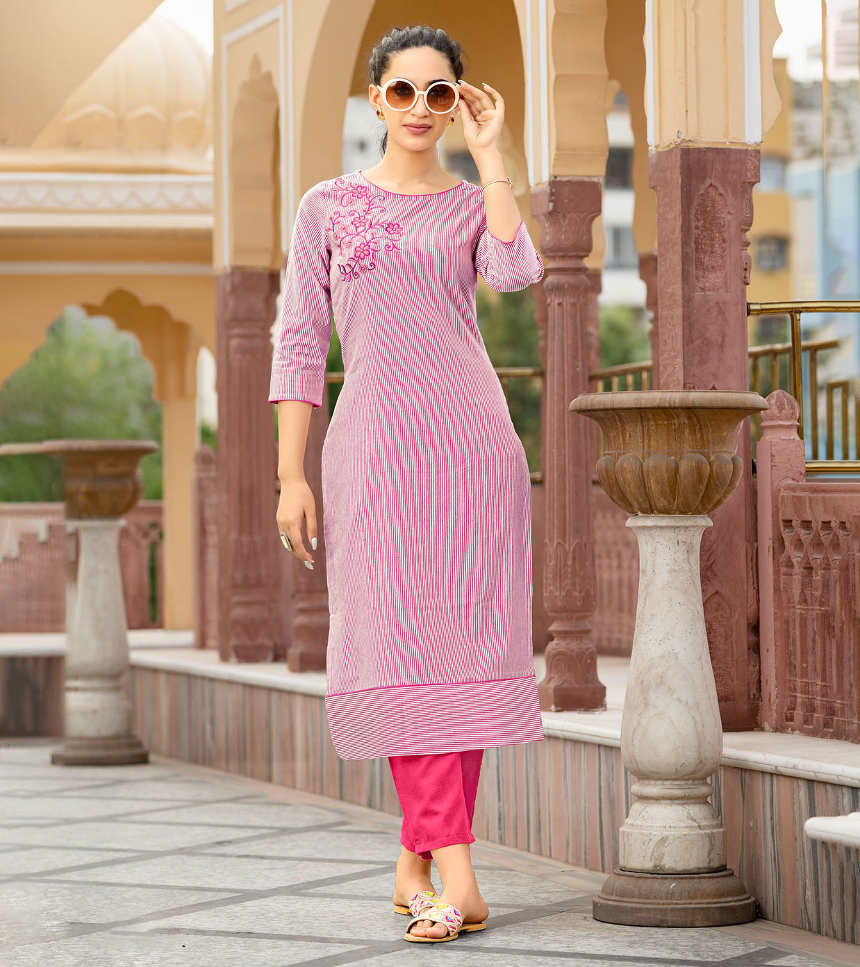 Laxmipati Collage Cotton Blush Pink Straight Cut Kurti