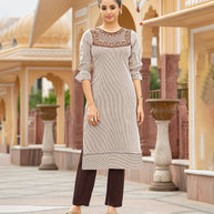 Laxmipati Collage Cotton Dry Wood Brown Straight Cut Kurti