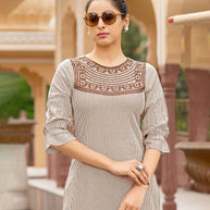Laxmipati Collage Cotton Dry Wood Brown Straight Cut Kurti