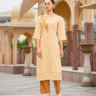Laxmipati Collage Cotton Caramel Yellow Straight Cut Kurti
