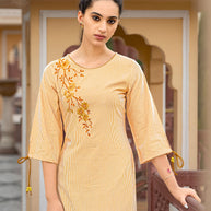 Laxmipati Collage Cotton Caramel Yellow Straight Cut Kurti