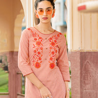 Laxmipati Collage Cotton Sunset Orange Straight Cut Kurti