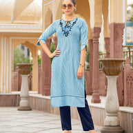 Laxmipati Collage Cotton Denim Blue Straight Cut Kurti