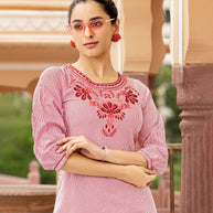 Laxmipati Collage Cotton Rust Maroon Straight Cut Kurti