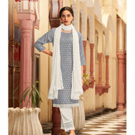 Laxmipati  Ishaal Cotton Base Light Grey Straight Cut Kurti With Pant & Dupatta