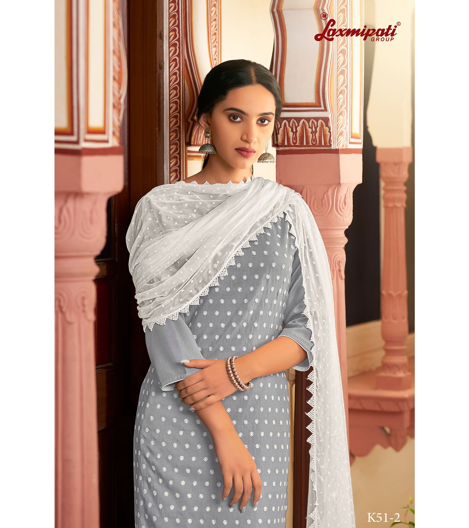 Laxmipati  Ishaal Cotton Base Light Grey Straight Cut Kurti With Pant & Dupatta