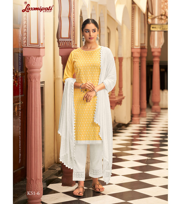 Laxmipati  Ishaal Cotton Base  Yellow Straight Cut Kurti With Pant & Dupatta