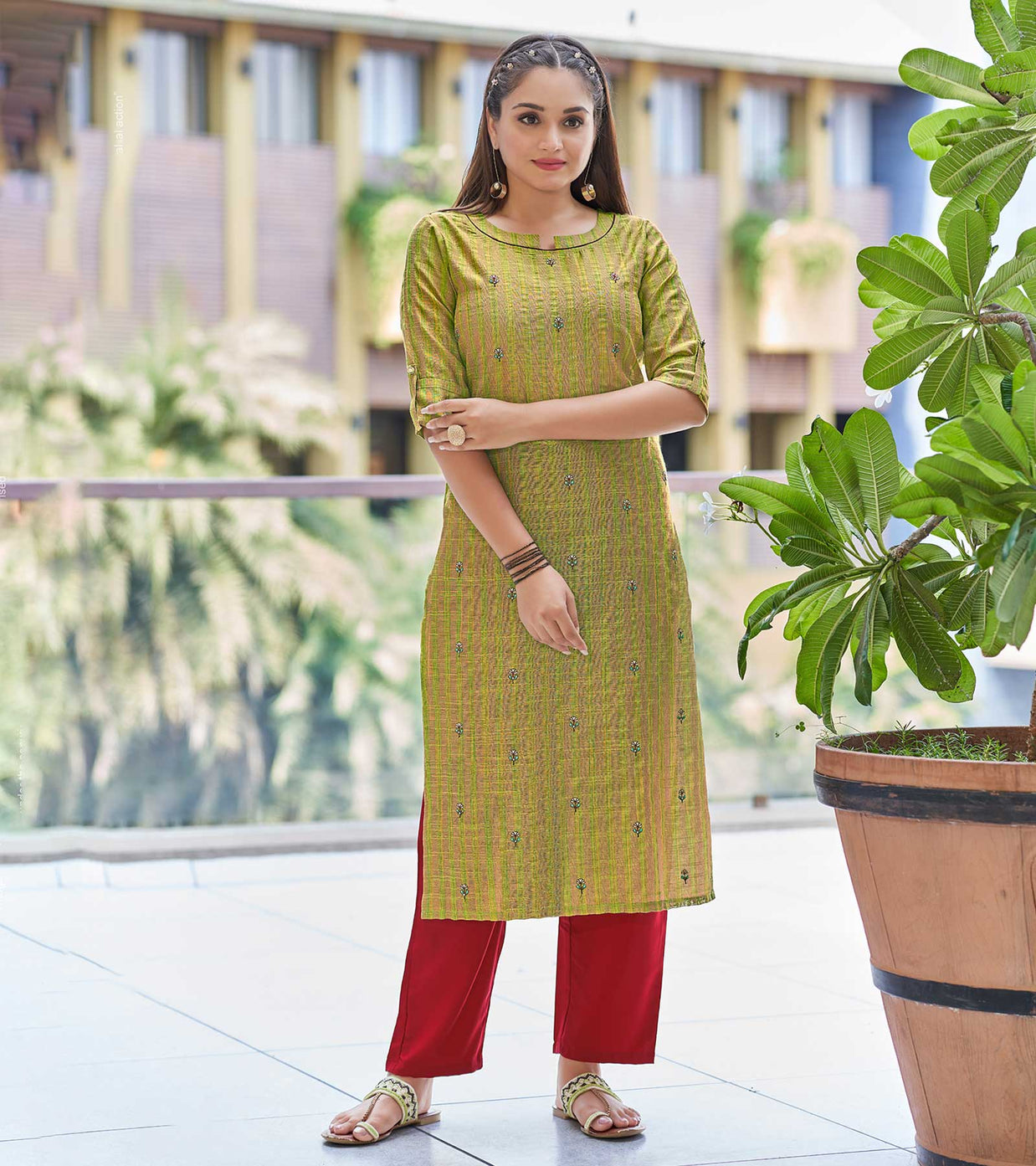 Laxmipati Muslin Moss Green  Straight Cut Kurti With Embroidery Butti