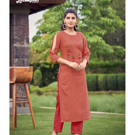 Laxmipati Cadbury Cotton sandstone Orange Hand Brush Paint Collection Kurti With Stone Work