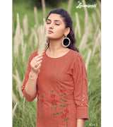 Laxmipati Cadbury Cotton sandstone Orange Hand Brush Paint Collection Kurti With Stone Work