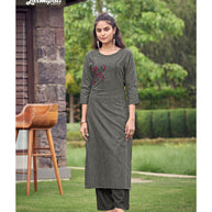 Laxmipati Cadbury Cotton Dove Grey Hand Brush Paint Collection Kurti With Stone Work