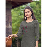 Laxmipati Cadbury Cotton Dove Grey Hand Brush Paint Collection Kurti With Stone Work