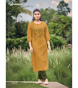 Laxmipati Cadbury Cotton Medallion yellow Hand Brush Paint Collection Kurti With Stone Work