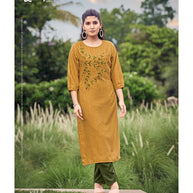 Laxmipati Cadbury Cotton Medallion yellow Hand Brush Paint Collection Kurti With Stone Work