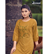 Laxmipati Cadbury Cotton Medallion yellow Hand Brush Paint Collection Kurti With Stone Work