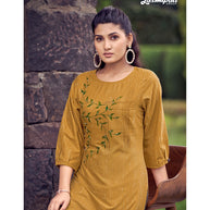 Laxmipati Cadbury Cotton Medallion yellow Hand Brush Paint Collection Kurti With Stone Work