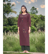 Laxmipati Cadbury Cotton Garnet Maroon Hand Brush Paint Collection Kurti With Stone Work