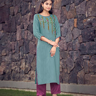 Laxmipati Cadbury Cotton Turkish Blue Hand Brush Paint Collection Kurti With Stone Work