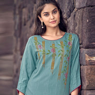 Laxmipati Cadbury Cotton Turkish Blue Hand Brush Paint Collection Kurti With Stone Work
