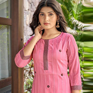 Laxmipati Nylon Cotton Blush Pink Embroidery Sequence Kurti With Pant