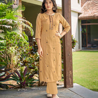 Laxmipati Nylon Cotton Oat Yellow Embroidery Sequence Kurti With Pant