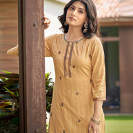 Laxmipati Nylon Cotton Oat Yellow Embroidery Sequence Kurti With Pant