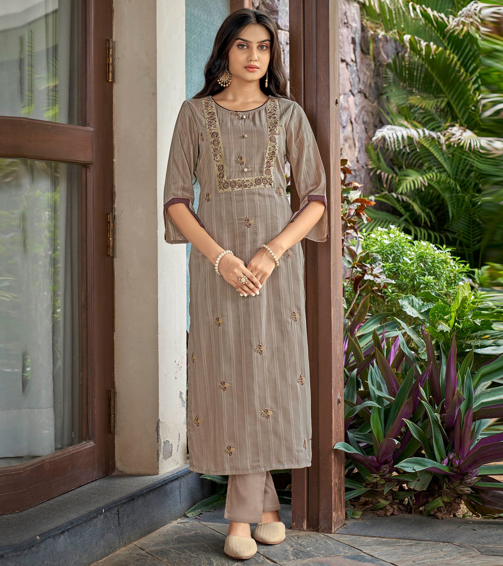 Laxmipati Nylon Cotton Griege Brown Embroidery Sequence Kurti With Pant